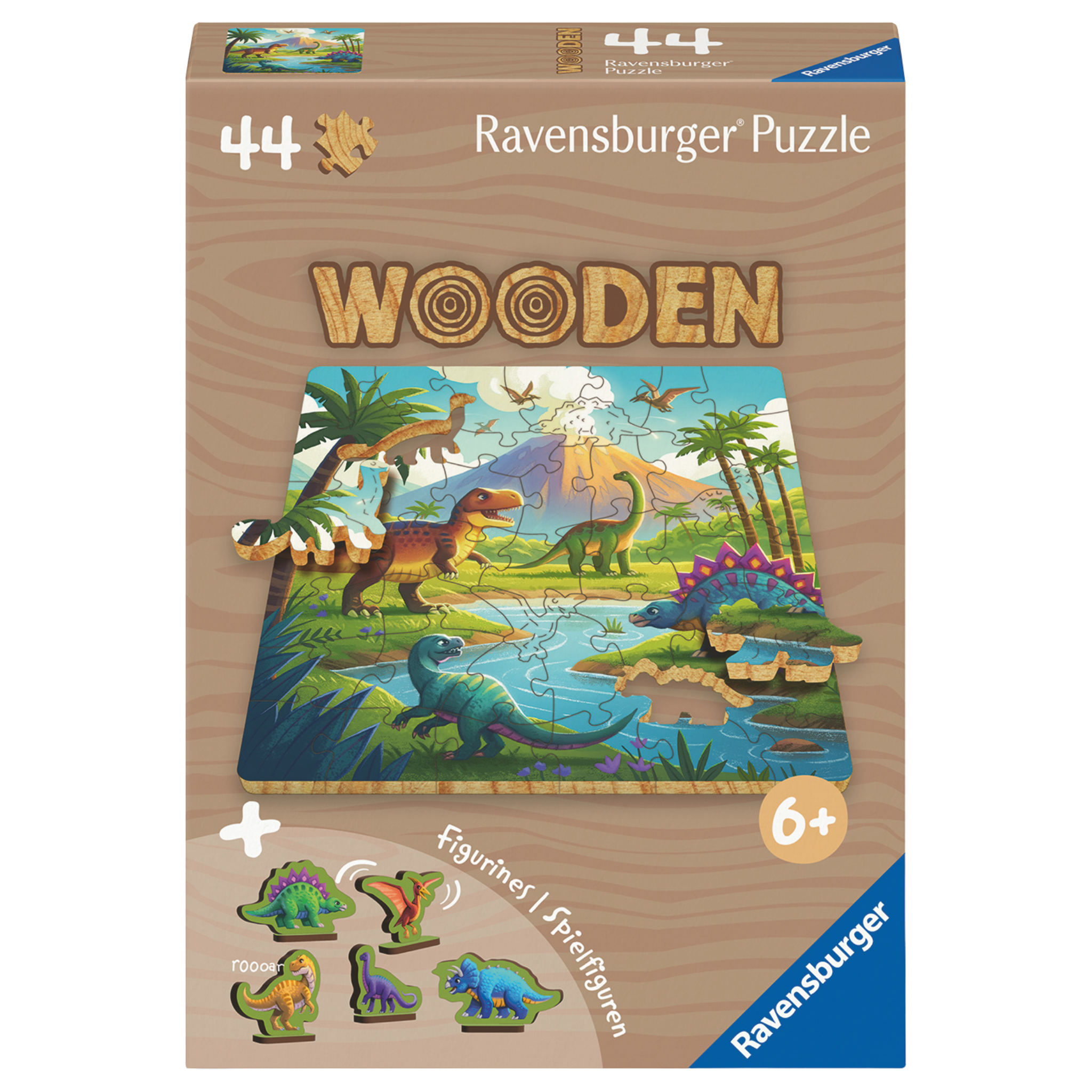 Dinosaurer trepuslespill eske med fargerike dinosaurer og 44 store trebrikker for barn